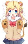  1girl :o animal_ears bangs beige_cardigan black_skirt blue_eyes blush bow bowtie cardigan commentary_request gao gloves half_updo hands_up heart lion_ears lion_girl lion_tail london long_sleeves looking_at_viewer mikurun miniskirt open_mouth original paw_gloves paws pleated_skirt red_neckwear sailor_collar school_uniform simple_background skirt solo tail white_background 