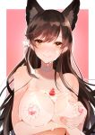  1girl animal_ears atago_(azur_lane) azur_lane between_breasts blush breast_hold breasts brown_hair choker collarbone eyebrows_visible_through_hair food food_on_breasts fruit grabbing_own_breast hair_ribbon highres lactation large_breasts long_hair looking_at_viewer mole mole_under_eye nipples orange_eyes otomaro_(rkhu8433) pink_background ribbon simple_background smile solo strawberry strawberry_shortcake tan tanline tears topless upper_body whipped_cream 