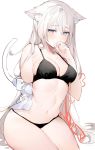  1girl animal_ear_fluff animal_ears arm_behind_back black_bra black_panties blonde_hair blue_eyes blush bra breasts cat_ears cat_tail cleavage hand_to_own_mouth highres long_hair medium_breasts panties partially_undressed solo tail thighs umibouzu_(niito) underwear very_long_hair white_background 