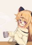 1girl akatsuki_yuni aran_sweater bangs bare_shoulders beige_background blonde_hair blush brown_sweater closed_mouth collarbone commentary_request cup eyebrows_visible_through_hair glasses hair_between_eyes hair_ornament hairclip highres holding holding_cup long_sleeves looking_at_viewer mug off-shoulder_sweater off_shoulder ogami_kazuki parted_bangs red-framed_eyewear red_eyes semi-rimless_eyewear simple_background sleeves_past_wrists solo steam sweater two_side_up under-rim_eyewear uni_channel 