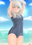 1girl arms_up artist_logo beach blue_eyes blue_sky character_name cloud commentary_request covered_navel cowboy_shot day flat_chest flower hair_flower hair_ornament hiyama_izumi_(wttdh) horizon japanese_flag kantai_collection looking_at_viewer ocean one-piece_tan outdoors ro-500_(kantai_collection) school_swimsuit silver_hair sky solo swimsuit tan tanline undressing upper_body 