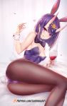  1girl :q alcohol animal_ears ass bare_shoulders blush bow bowtie breasts brown_legwear bunny_ears bunny_tail bunnysuit cleavage closed_mouth cup drinking_glass fate/grand_order fate_(series) fishnet_pantyhose fishnets hair_ornament hand_up highres holding kemonomimi_mode leotard looking_at_viewer luminous medium_breasts oni_horns pantyhose patreon_username pointy_ears purple_eyes purple_hair purple_leotard short_hair shuten_douji_(fate/grand_order) sidelocks sitting smile solo tail thick_eyebrows tongue tongue_out watermark wine wine_glass wrist_cuffs 