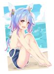  1girl :d alakoala_shoushou artist_name barefoot beach blush breasts collarbone dated eyebrows_visible_through_hair fang hair_ribbon highres i-19_(kantai_collection) kantai_collection long_hair medium_breasts ocean old_school_swimsuit one-piece_swimsuit open_mouth purple_hair red_eyes ribbon school_swimsuit sideboob sitting smile solo swimsuit tri_tails 