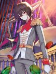  1boy akechi_gorou belt black_hair brown_hair commentary_request eyebrows_visible_through_hair from_below gloves hair_between_eyes highres jacket kyundoo looking_at_viewer male_focus persona persona_5 persona_5_the_royal poker_chip red_eyes ship short_hair smile solo sword tagme watercraft weapon white_gloves 