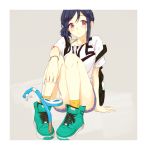  1girl alternate_hairstyle aqua_footwear arm_on_knee azuma_(no488888) backpack bag beige_background blue_hair blush bottle bra_strap bracelet clothes_writing denim denim_shorts holding_goggles jewelry knees_up love_live! love_live!_sunshine!! matsuura_kanan pigeon-toed purple_eyes shirt shoes short_shorts short_sleeves shorts side_bun sidelocks sitting sneakers snorkel socks solo strap_slip t-shirt water_bottle white_shirt yellow_legwear 