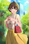  1girl :d absurdres ahoge aqua_eyes asato_(fadeless) bag bangs blurry blurry_background braid breasts brown_hair commentary_request day highres idolmaster idolmaster_million_live! idolmaster_million_live!_theater_days looking_at_viewer medium_breasts medium_skirt open_mouth outdoors pleated_skirt ribbed_sweater sakuramori_kaori shoulder_bag skirt sleeveless_sweater smile solo steepled_fingers sweater tied_hair yellow_skirt 