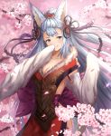  1girl animal_ears aqua_(popogori) blue_eyes blush branch breasts cherry_blossoms cleavage commentary_request detached_sleeves erune flower fox_ears fur_trim granblue_fantasy large_breasts long_hair looking_at_viewer petals silver_hair smile socie_(granblue_fantasy) solo very_long_hair 