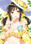  1girl :o absurdres bangs bare_shoulders bikini black_hair blush breasts brown_hair cleavage collarbone eyebrows_visible_through_hair food fruit green_eyes halter_top halterneck hand_up hat hat_ornament hat_ribbon highres holding holding_food innertube large_breasts leaf lemon lemon_slice long_hair looking_at_viewer low_twintails medium_breasts midriff mika_pikazo multicolored multicolored_eyes nail_polish navel off_shoulder open_mouth original popsicle ribbon scan scrunchie sidelocks solo stomach strawberry sun_hat swimsuit twintails upper_body white_background white_headwear wrist_scrunchie yellow_bikini yellow_eyes yellow_ribbon yellow_scrunchie 
