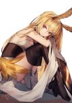  1girl animal_ears bangle bangs black_footwear blonde_hair boots bracelet breasts copyright_request fate/grand_order fate_(series) feathers gold high_heel_boots high_heels highres jewelry kyouya_(mukuro238) long_hair medium_breasts red_eyes sidelocks signature sitting sleeveless solo thigh_boots thighhighs thrud_(fate/grand_order) valkyrie_(fate/grand_order) very_long_hair 