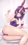  1girl :q alcohol animal_ears ass bare_legs bare_shoulders black-framed_eyewear blush bow bowtie breasts bunny_ears bunny_tail bunnysuit cleavage closed_mouth cup drinking_glass fate/grand_order fate_(series) glasses hair_ornament hand_up highres holding kemonomimi_mode leotard looking_at_viewer luminous medium_breasts oni_horns patreon_username pointy_ears purple_eyes purple_hair purple_leotard round_eyewear short_hair shuten_douji_(fate/grand_order) sidelocks sitting smile solo tail thick_eyebrows thighs tongue tongue_out watermark wine wine_glass wrist_cuffs 