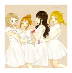  4girls :d ^_^ alternate_hairstyle azuma_(no488888) black_hair blonde_hair blue_eyes blue_scrunchie blush braid brown_background brown_hair closed_eyes crown_braid dress from_side grey_hair hair_bun hair_ornament hair_rings hair_up hairclip hand_on_another&#039;s_shoulder heart heart_of_string holding_hands kunikida_hanamaru kurosawa_dia long_hair love_live! love_live!_sunshine!! multiple_girls ohara_mari open_mouth polka_dot polka_dot_scrunchie purple_scrunchie red_scrunchie sailor_collar scrunchie short_hair short_sleeves sleeveless sleeveless_dress smile v-shaped_eyebrows watanabe_you white_dress wrist_scrunchie yellow_eyes yellow_scrunchie 