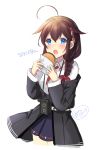  1girl :o ahoge alternate_costume black_jacket blue_eyes blue_skirt braid brown_hair camera_on_neck collared_shirt eating english_commentary food hair_flaps hair_ornament hair_over_shoulder hair_ribbon hamburger holding holding_food ittokyu jacket kantai_collection long_hair looking_at_viewer necktie off-shoulder_jacket red_neckwear red_ribbon remodel_(kantai_collection) ribbon shigure_(kantai_collection) shirt simple_background single_braid skirt solo white_background white_shirt 