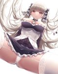  1girl arms_at_sides ass azur_lane bangs bare_shoulders between_breasts black_choker black_dress black_ribbon blush breasts choker closed_mouth dress eol_9 eyebrows_visible_through_hair floating_hair formidable_(azur_lane) from_below hair_ribbon highres large_breasts long_hair looking_at_viewer looking_down panties red_eyes ribbon shiny shiny_hair silver_hair simple_background solo spread_legs thighhighs thighs two-tone_dress two-tone_ribbon underwear white_background white_choker white_dress white_legwear white_panties white_ribbon 