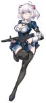  1girl ahoge blue_eyes breasts cleavage cleavage_cutout commentary commentary_request daewoo_k7 daewoo_k7_(girls_frontline) full_body girls_frontline gun hair_between_eyes hair_ornament highres looking_at_viewer magazine_(weapon) military military_uniform momera original patch rifle short_hair silver_hair simple_background skirt solo thighhighs uniform weapon 