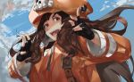  1girl anchor_symbol belt black_gloves blazpu brown_eyes brown_hair cloud cloudy_sky english_commentary fingerless_gloves gloves guilty_gear guilty_gear_2020 hat highres long_hair long_sleeves looking_at_viewer may_(guilty_gear) open_mouth orange_headwear orange_hoodie pirate_hat skull_and_crossbones sky solo 