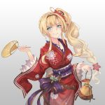  1girl alternate_costume alternate_hairstyle bag blonde_hair blue_eyes blush braid breasts commentary_request fan granblue_fantasy grey_background grin holding holding_bag holding_fan japanese_clothes kimono large_breasts long_braid long_hair looking_at_viewer nail_polish red_kimono red_nails side_braid single_braid smile solo very_long_hair yukata yuki7128 zeta_(granblue_fantasy) 