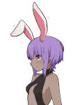  1girl animal_ears bare_shoulders black_leotard blush breasts bunny_ears closed_mouth dark_skin fate/prototype fate/prototype:_fragments_of_blue_and_silver fate_(series) hassan_of_serenity_(fate) i.u.y kemonomimi_mode leotard looking_away purple_eyes purple_hair simple_background small_breasts solo upper_body white_background 
