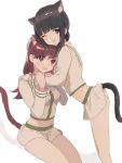  2girls animal_ear_fluff animal_ears bangs black_hair blunt_bangs blush breasts brown_hair cat_ears extra_ears eyebrows_visible_through_hair fang heart heart-shaped_pupils kantai_collection kitakami_(kantai_collection) long_hair medium_breasts mitamgr multiple_girls one_eye_closed ooi_(kantai_collection) open_mouth remodel_(kantai_collection) sailor_collar school_uniform serafuku sidelocks simple_background skirt sweat symbol-shaped_pupils tail white_background 