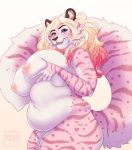 anthro belly big_breasts blonde_hair blue_eyes breast_fondling breasts butt felid female fluffy fluffy_tail fondling fur hair hair_highlights hand_on_breast hi_res huge_breasts mammal marzipie nipples overweight overweight_female pantherine pink_fur pink_highlights smile solo spottedtigress thick_thighs tiger voluptuous 