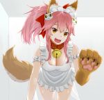  1girl animal_ear_fluff animal_ears apron bell bell_collar breasts cat_hair_ornament cat_paws cleavage collar commentary commentary_request fangs fate/grand_order fate_(series) fox_ears fox_girl fox_tail gloves hair_ornament hair_ribbon highres jingle_bell kleingordoneq large_breasts looking_at_viewer maid_headdress naked_apron open_mouth paw_gloves paws pink_hair red_ribbon ribbon sideboob skin_fangs solo tail tamamo_(fate)_(all) tamamo_cat_(fate) white_apron yellow_eyes 