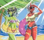  bandage beach biped black_hair bottomwear bracelet breasts clothing demon duo ear_piercing ear_ring female food green_ears green_horn green_skin hair hair_clips horn horned_humanoid humanoid jewelry lucy_(samanator_club) navel not_furry piercing pool_ring popsicle red_ears red_horn red_skin rex_(samanator_club) samanator_club sand scar seaside shorts swimwear tree water white_hair 