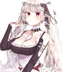  1girl azur_lane between_breasts black_dress blush breasts cleavage dress earrings formidable_(azur_lane) frilled_dress frills grey_hair hair_ribbon highres jewelry large_breasts long_hair patzzi red_eyes ribbon rigging solo twintails two-tone_dress two-tone_ribbon two-tone_ribbons 