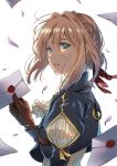 1girl blonde_hair blue_eyes braid brooch brown_gloves cowboy_shot cravat envelope french_braid from_side furai gloves hair_between_eyes highres jewelry juliet_sleeves lips long_sleeves paper parted_lips petals puffy_sleeves red_ribbon ribbon solo teeth violet_evergarden violet_evergarden_(character) wax_seal white_background 