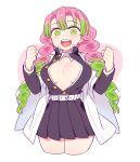  1girl belt black_skirt blush breasts chan_co cleavage clenched_hands coat cowboy_shot eyebrows_visible_through_hair gradient_hair green_eyes green_hair haori heart japanese_clothes kanroji_matsuri kimetsu_no_yaiba large_breasts long_hair long_sleeves looking_at_viewer miniskirt mole mole_under_eye multicolored_hair open_mouth partially_unbuttoned pink_hair pleated_skirt simple_background skirt smile solo sweat thighs tri_braids two-tone_hair uniform white_background wide_sleeves 