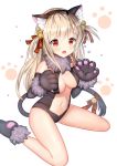  1girl :o ame_sagari animal_ear_fluff animal_ears bare_legs bare_shoulders bell black_leotard breasts brown_hair cameltoe cat_ears cat_tail center_opening cleavage fate/kaleid_liner_prisma_illya fate_(series) gloves hair_ribbon hairband illyasviel_von_einzbern jingle_bell leotard long_hair looking_at_viewer medium_breasts navel open_mouth paw_background paw_gloves paws red_eyes ribbon solo stomach tail tail_ribbon two_side_up white_background 