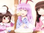  3girls :d :t ^_^ ahoge animal_ears arm_up bangs black_hair blue_pajamas blush bowl breasts bunny_ears chopsticks closed_eyes commentary_request eyebrows_visible_through_hair food fur-trimmed_sleeves fur_trim holding holding_bowl holding_chopsticks houraisan_kaguya inaba_tewi indoors jacket long_hair long_sleeves medium_breasts multiple_girls oden open_mouth pajamas pink_jacket pink_shirt polka_dot purple_hair red_eyes reisen_udongein_inaba rice_bowl shirosato shirt short_hair smile steam table touhou unmoving_pattern upper_body 