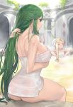  2girls adjusting_hair ass bare_shoulders blonde_hair blurry blurry_background breasts cleavage closed_eyes from_behind green_hair highres j@ck kid_icarus kid_icarus_uprising large_breasts long_hair looking_at_another multiple_girls nachure naked_towel onsen palutena partially_submerged relaxing sitting sunlight towel towel_on_head very_long_hair water wet wet_hair 