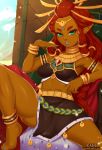  2019 barefoot blue_lipstick bracelet breath_of_the_wild clothed clothing colored_nails exlic feet female gerudo hair hi_res humanoid jewelry lipstick long_hair looking_at_viewer makeup nails nintendo not_furry red_hair riju smile solo the_legend_of_zelda video_games 