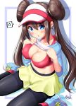  1girl black_legwear blue_eyes blush bra breasts brown_hair cleavage double_bun hair_bun highres large_breasts legwear_under_shorts lifted_by_self low_twintails mei_(pokemon) mokufuu navel pantyhose pink_bra pokemon pokemon_(game) pokemon_bw2 shirt shirt_lift short_shorts shorts solo sweatdrop thought_bubble twintails underwear visor_cap yellow_shorts 