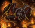  2019 3_toes 4_fingers anthro brown_hair claws digital_media_(artwork) dragon drerika fingers fire grey_scales hair horn male membrane_(anatomy) membranous_wings nude scales scalie solo toes western_dragon wings 