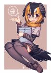  1girl :d bangs bird_tail bird_wings black_hair blonde_hair blush brown_footwear campo_flicker_(kemono_friends) eyebrows_visible_through_hair full_body glasses grey_hair hair_between_eyes hatagaya head_wings kemono_friends loafers long_sleeves looking_at_viewer multicolored_hair necktie open_mouth outline package pleated_skirt print_legwear print_skirt print_sleeves red_eyes scarf shoes short_hair short_over_long_sleeves short_sleeves skirt smile solo speech_bubble spoken_object thighhighs white_outline wings yellow_scarf zettai_ryouiki 