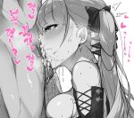  1boy 1girl azur_lane bare_shoulders black_dress blush breasts commentary_request cum cum_in_mouth cum_in_nose cumdrip dress earrings eyebrows_visible_through_hair fellatio formidable_(azur_lane) frilled_dress frills gensui_(auoua) greyscale hair_ribbon heart hetero highres jewelry large_breasts long_hair monochrome oral ribbon saliva saliva_trail simple_background solo_focus sweat twintails white_background 