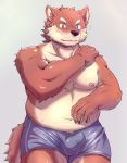  2019 black_nose blush brown_eyes brown_fur bulge canid canine canis claws clothed clothing fur hi_res looking_at_viewer male mammal navel nipples open_mouth slightly_chubby solo standing topless toraya_inugami wolf 