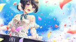  1girl :d alternate_hairstyle bang_dream! bangs black_hair blue_neckwear blush brooch chiyonekoko commentary day detached_sleeves dress earrings elbow_gloves english_commentary flower gloves hair_bun hair_flower hair_ornament hair_up instrument jewelry keyboard_(instrument) music neck_ribbon open_mouth outdoors petals piano_print pink_flower pink_rose playing_instrument print_ribbon purple_eyes ribbon rose shirokane_rinko smile solo upper_body white_dress white_flower white_gloves white_rose 
