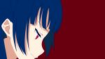  &gt;:) 1girl bangs blue_hair from_side long_hair love_live! love_live!_sunshine!! profile purple_eyes red_background sellel simple_background solo tsushima_yoshiko 