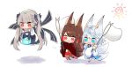  3girls akagi_(azur_lane) animal_ear_fluff animal_ears azur_lane blue_eyes blush bow brown_hair butterfly_net chibi commentary_request cube dress fang flight_deck flying formidable_(azur_lane) fox_ears fox_tail frilled_dress frills hair_bow hand_net kaga_(azur_lane) long_hair multiple_girls multiple_tails net platinum_blonde_hair putimaxi red_eyes running silver_hair sun tail twintails two-tone_dress two-tone_ribbon very_long_hair white_background wide_sleeves 