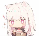  ! +_+ 1girl animal_ears blush_stickers cake cat_ears cat_tail eating fire_emblem fire_emblem:_three_houses food garreg_mach_monastery_uniform holding holding_plate kvlen long_hair long_sleeves lysithea_von_ordelia pink_eyes plate simple_background solo tail uniform white_background white_hair 