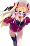  1girl asymmetrical_legwear bangs black_leotard blonde_hair breasts cis05 collarbone earrings ereshkigal_(fate/grand_order) fate/grand_order fate_(series) fur-trimmed_jacket fur_trim hat infinity jacket jewelry leaning_forward leotard long_hair long_sleeves looking_at_viewer medium_breasts open_mouth parted_bangs red_eyes red_jacket simple_background single_thighhigh skull solo spine sun_hat sunglasses thighhighs thighs two_side_up white_background 