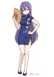  1girl blue_dress blue_footwear blush breasts china_dress chinese_clothes dress eyebrows_visible_through_hair eyes_visible_through_hair fan finalcake full_body gj-bu hair_between_eyes hand_on_hip holding holding_fan long_hair looking_at_viewer medium_breasts navel purple_eyes purple_hair sketch smile solo standing stomach sumeragi_shion thighs very_long_hair 