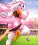  2019 ambiguous_gender anthro anus ball blue_eyes blurred_background blush bottomwear breasts butt canid canine clothing dannyckoo disembodied_hand duo female footwear fur hair hi_res mammal open_mouth outside pink_fur pink_nose pussy shirt shoes shorts soccer sport surprise topwear vyxsin white_hair 