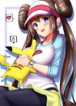  1girl between_breasts black_legwear blue_eyes blush breast_smother breasts brown_hair cleavage double_bun hair_bun heart highres large_breasts legwear_under_shorts looking_at_viewer low_twintails mei_(pokemon) mokufuu pantyhose pikachu pokemon pokemon_(game) pokemon_bw2 shirt shirt_lift short_shorts shorts smile solo sweatdrop thought_bubble twintails visor_cap yellow_shorts 