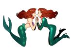  2girls ariel_(disney) bodysuit boots disney dual_persona floating_hair from_side green_bodysuit green_footwear hands_together high_heel_boots high_heels highres long_hair mermaid monster_girl multiple_girls okada_(hoooojicha) profile red_hair shell shell_bikini signature symmetry the_little_mermaid white_background 