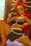  2019 barefoot blue_lipstick bracelet breath_of_the_wild bulge clothed clothing colored_nails exlic feet gerudo gynomorph hair hi_res humanoid intersex jewelry lipstick long_hair looking_at_viewer makeup nails nintendo not_furry red_hair riju smile solo the_legend_of_zelda video_games 