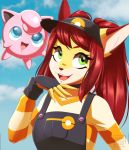  2019 ambiguous_gender anthro black_nose blue_eyes canid canine clothing dannyckoo duo female feral fox gloves green_eyes hair handwear hat headgear headwear hi_res jigglypuff mammal nintendo open_mouth outside overalls pok&eacute;mon pok&eacute;mon_(species) red_hair sasha_tf smile suspended_in_midair video_games 