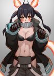  1girl artist_name baggy_pants bikini black_bikini black_bikini_top black_hair blush breasts bright_pupils cleavage closed_mouth commentary embarrassed en&#039;en_no_shouboutai finalcake fire firefighter gloves gradient gradient_background grey_background hair_between_eyes hip_vent jacket looking_at_viewer navel open_clothes open_jacket pants simple_background sketch solo swimsuit tamaki_kotatsu twintails upper_body white_pupils yellow_eyes 