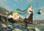  6+girls :d black_hakama blue_sky bridge chibi cloud cloudy_sky commentary_request day dutch_angle floating_hair flying green_eyes green_hair hakama hatsune_miku high_heels highres japanese_clothes kyoto long_hair long_sleeves minigirl multiple_girls multiple_persona open_mouth outdoors outstretched_arms parted_lips sky smile spread_arms standing twintails very_long_hair vocaloid water wide_sleeves xiaobanbei_milk 